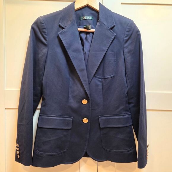 Lauren Ralph Lauren Navy Women's Blazer Gold Buttons Cotton Stretch Tailored 2 - Picture 1 of 11